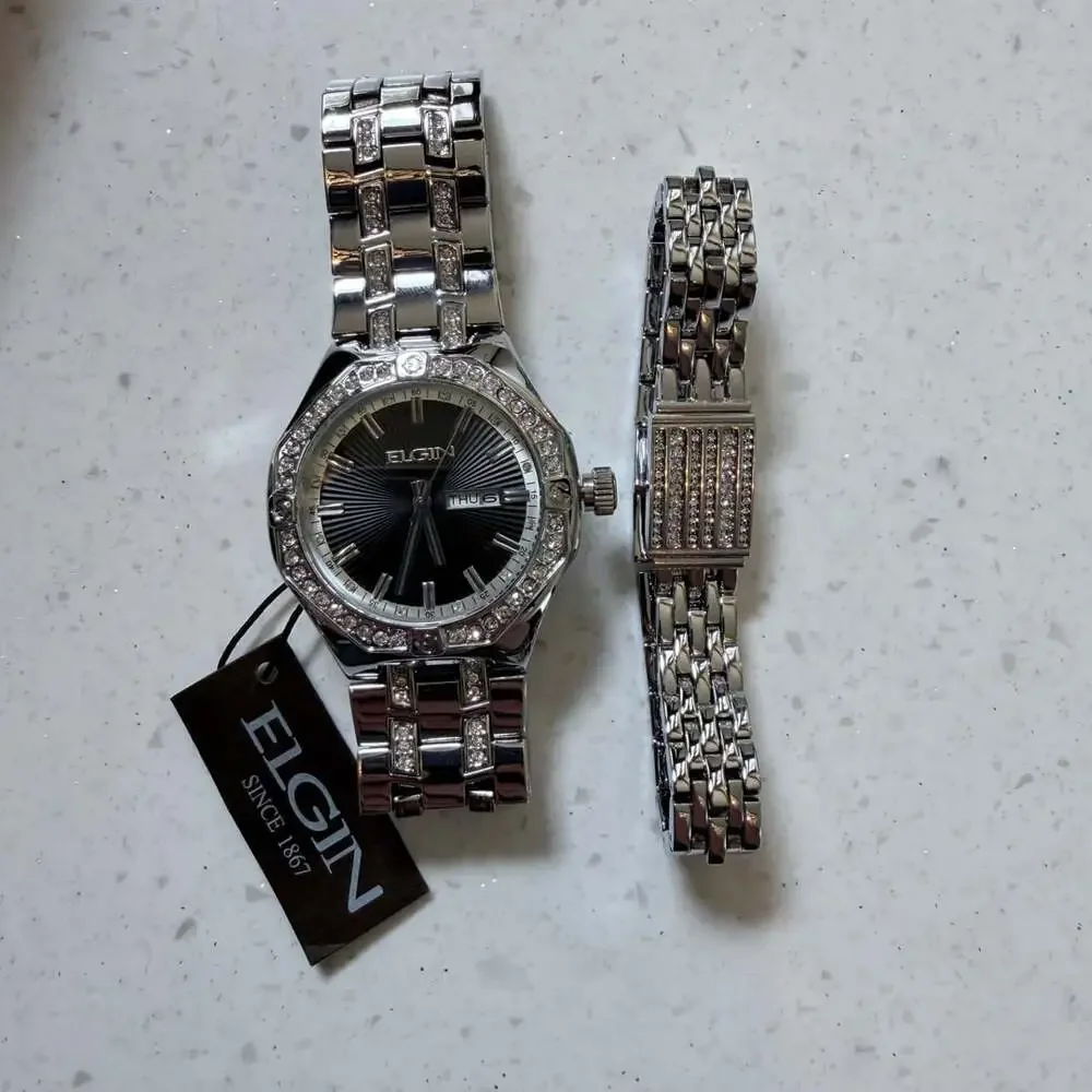 Elgin Men's Analog Watch with Crystal Accents and Matching Bracelet